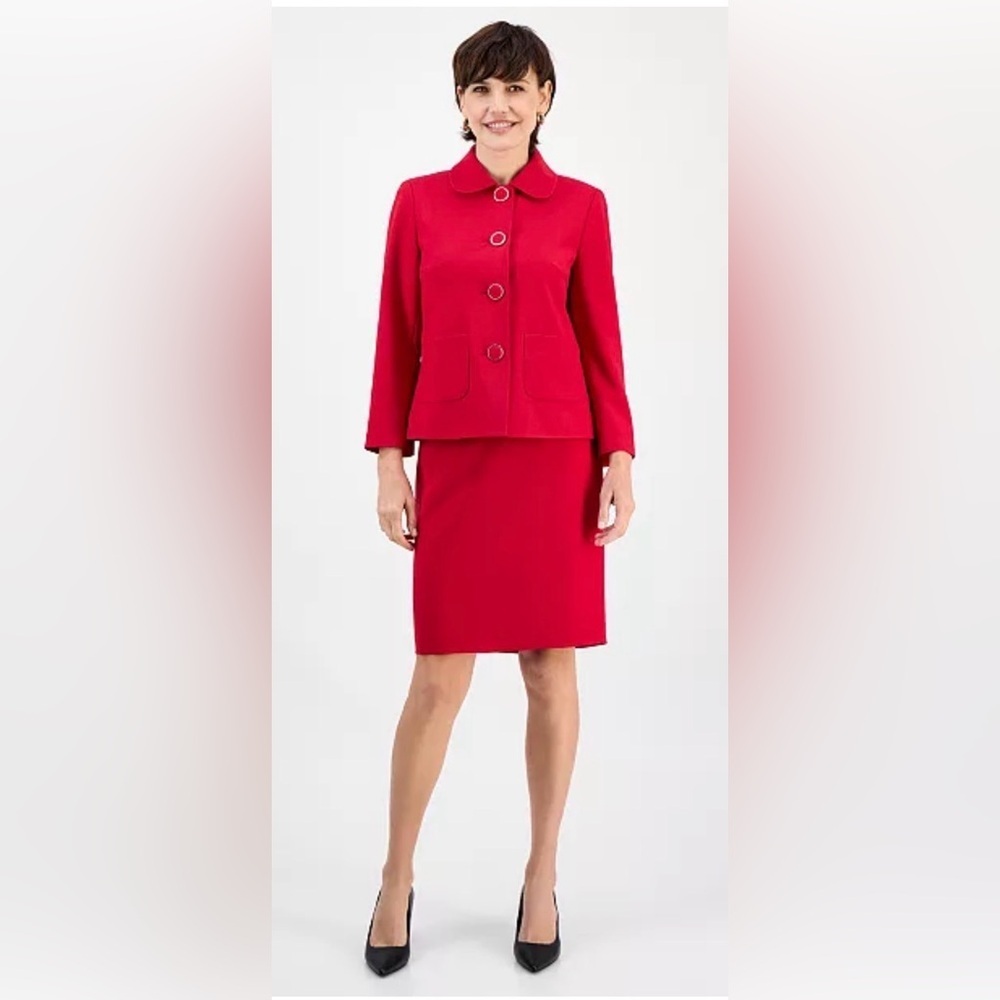 Le Suit Cherry Red Holiday 2 Piece Suit Pencil Skirt Jacket Gold Buttons 4 NEW